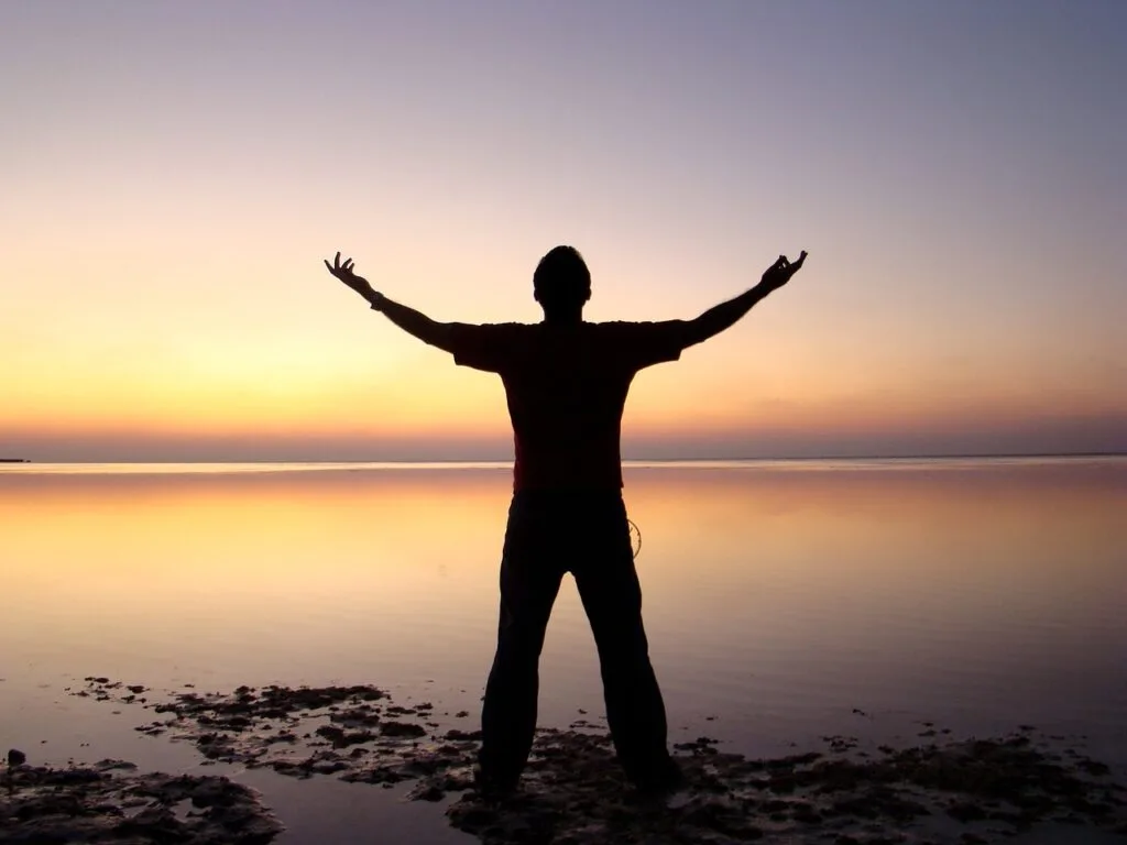stress free us man, silhouette, beach, sunset, dusk, twilight, afterglow, male silhouette, open arms, backlighting, nature, freedom, horizon, ocean, person, sea, seashore, sunrise, water, man, man, silhouette, open arms, person, person, person, person, person, sunrise
